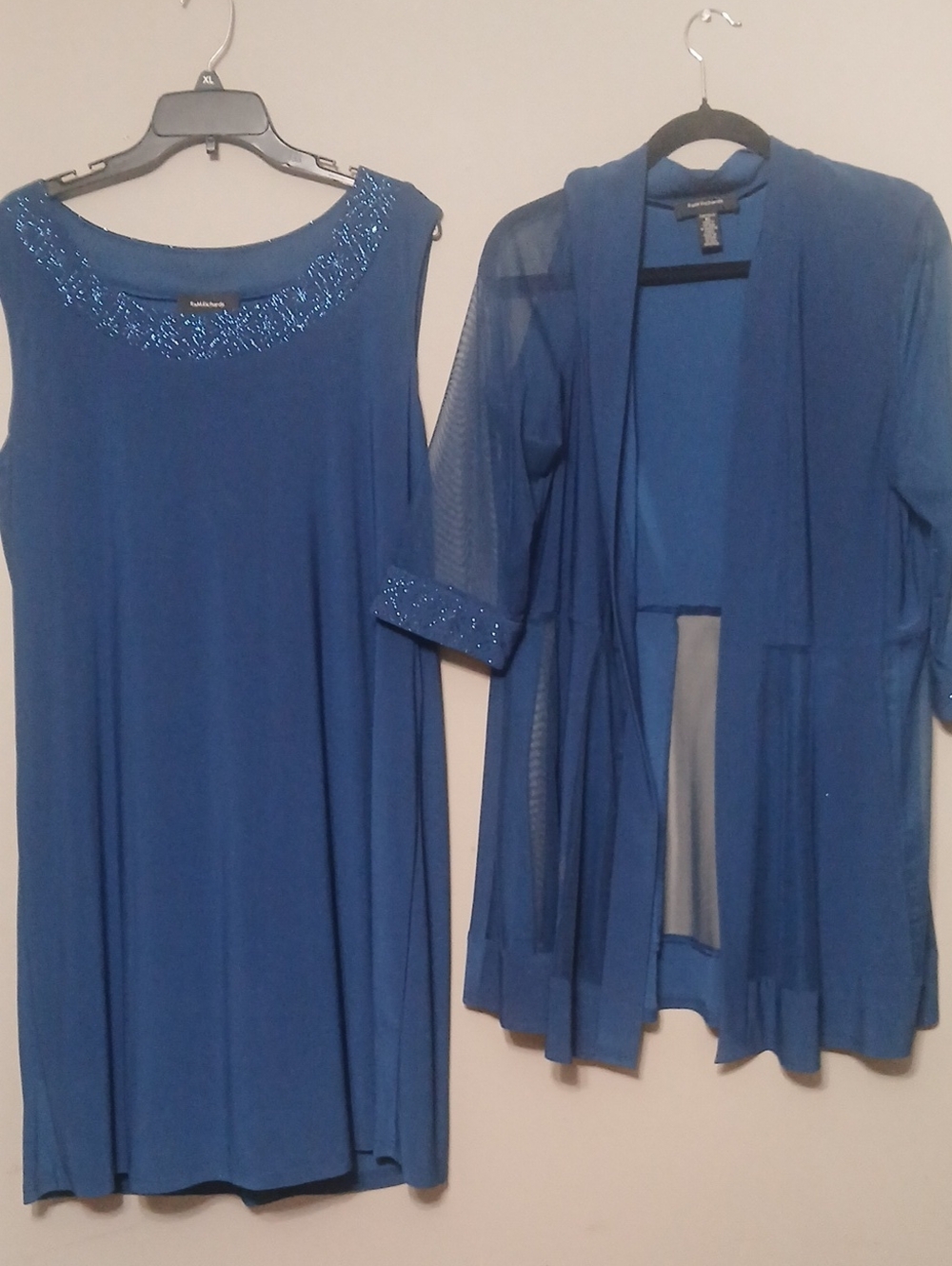 R & M Richards Royal Blue Beaded Neckline Dress with Sheer Jacket